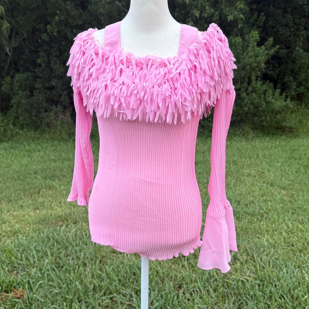 Vintage Fringe Mixed Media Top Coquette Asymmetrical Statement Womens 1X Pink